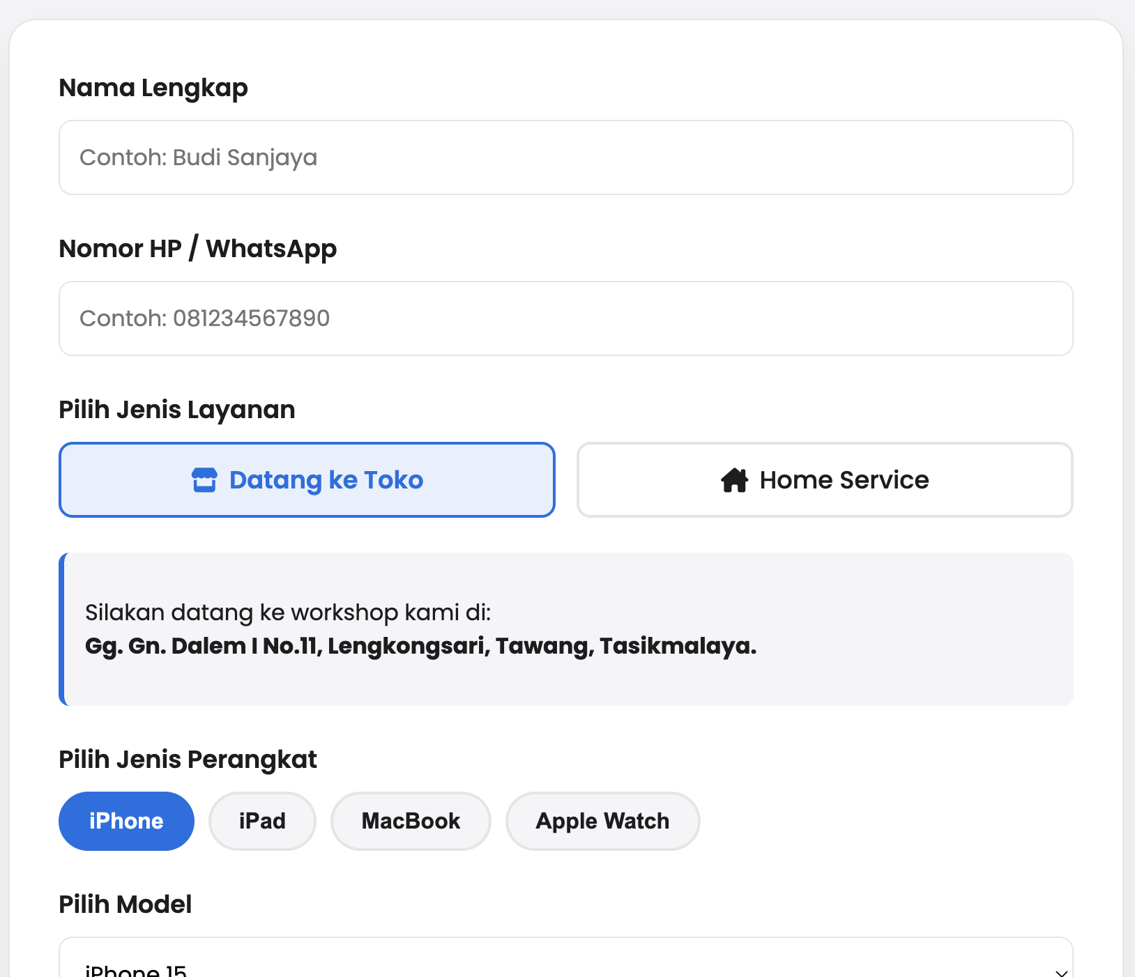 Tampilan Form Booking Service HP